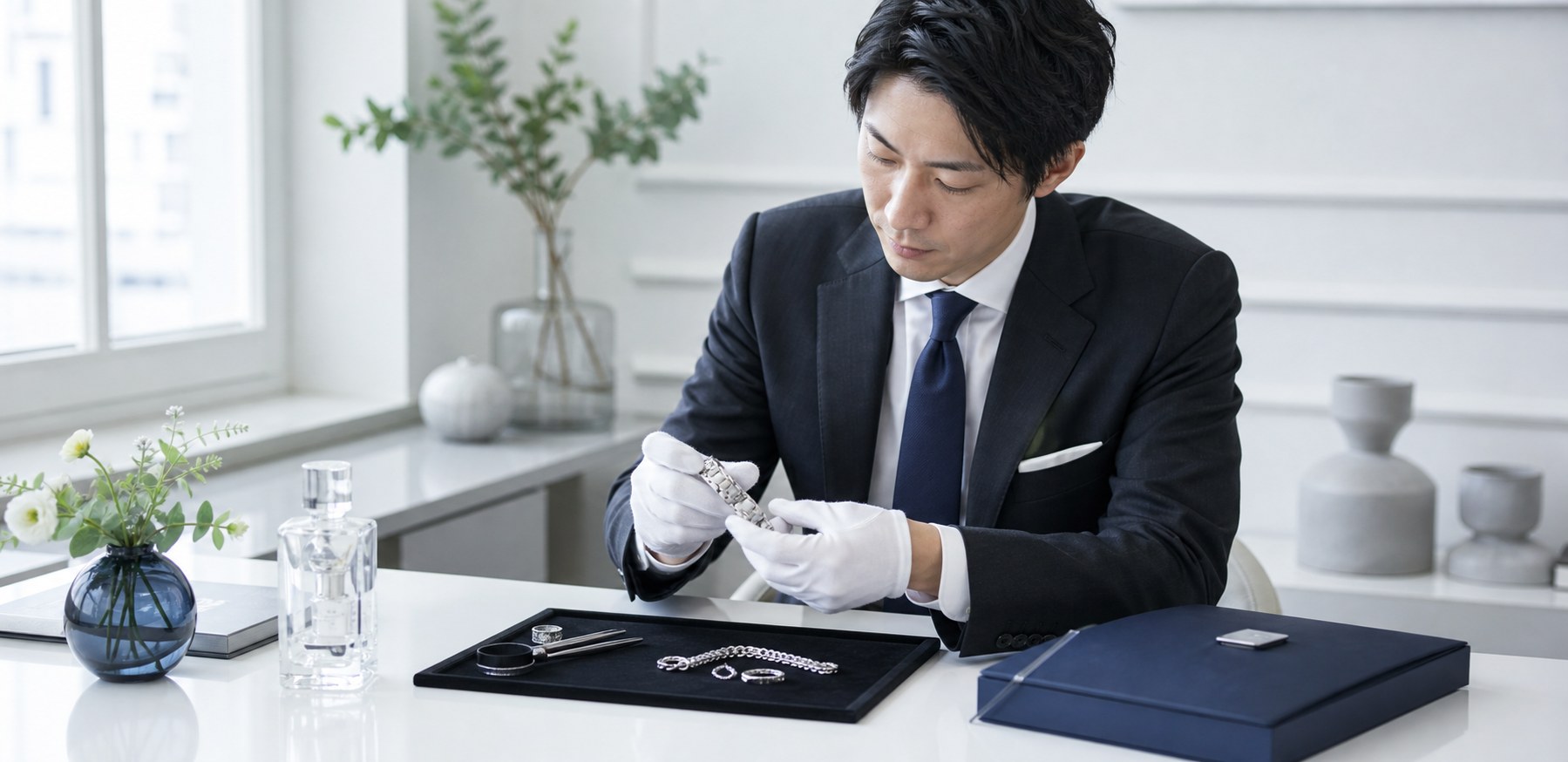 査定スタッフがジュエリーや時計を確認する事業内容イメージ